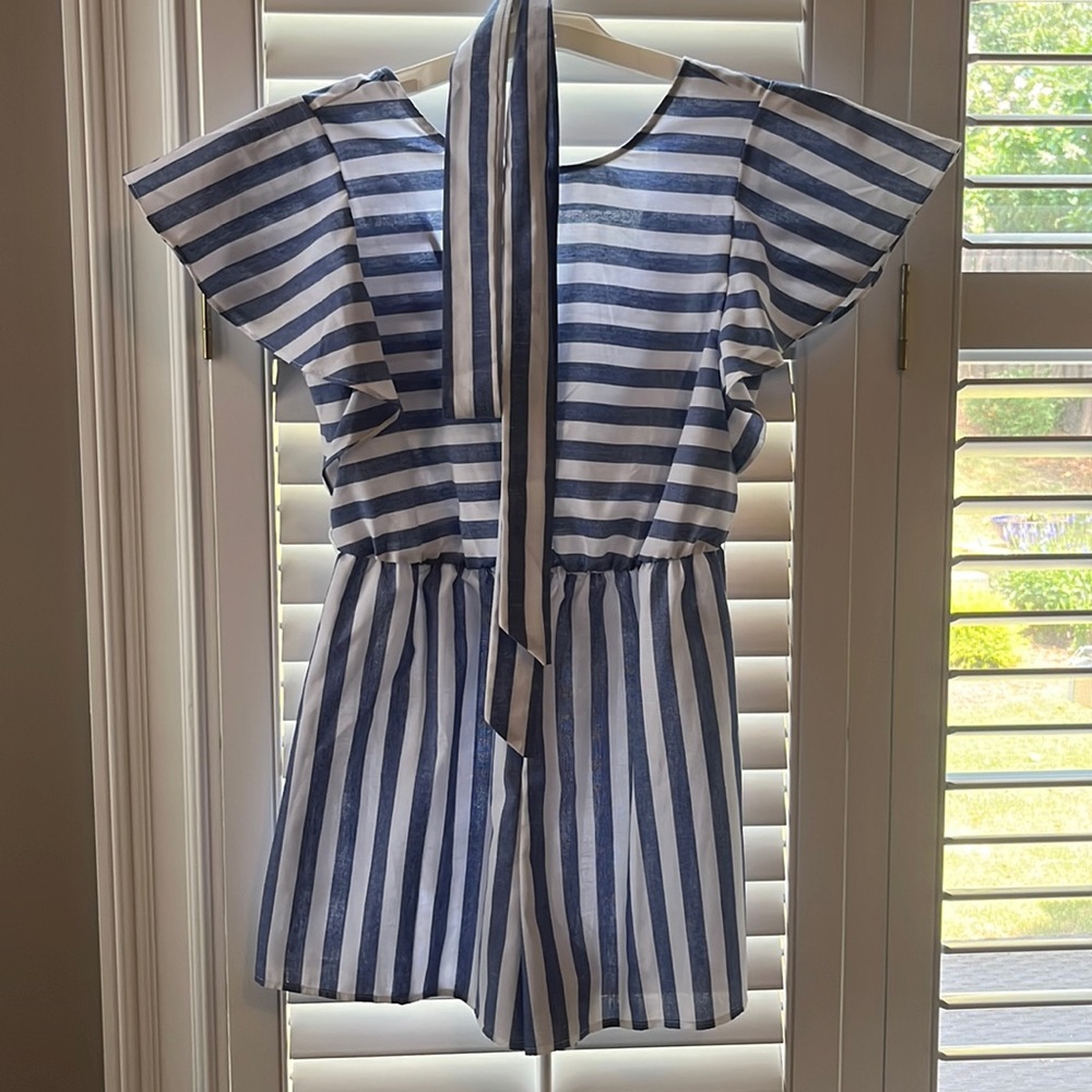 White and blue striped romper